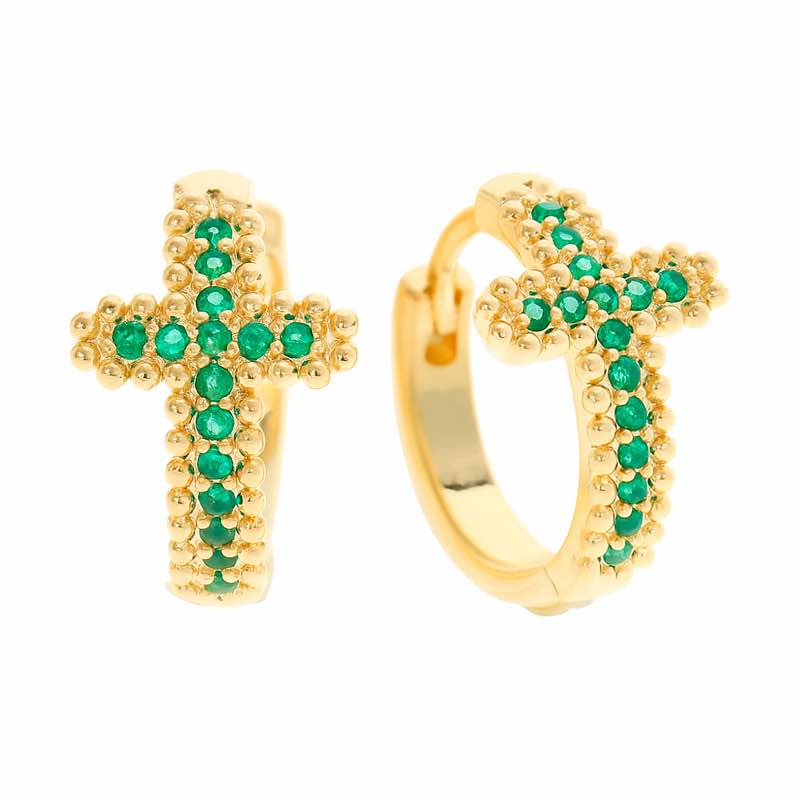 18K Gold-finished Huggies Cross Earrings (Emerald Green)